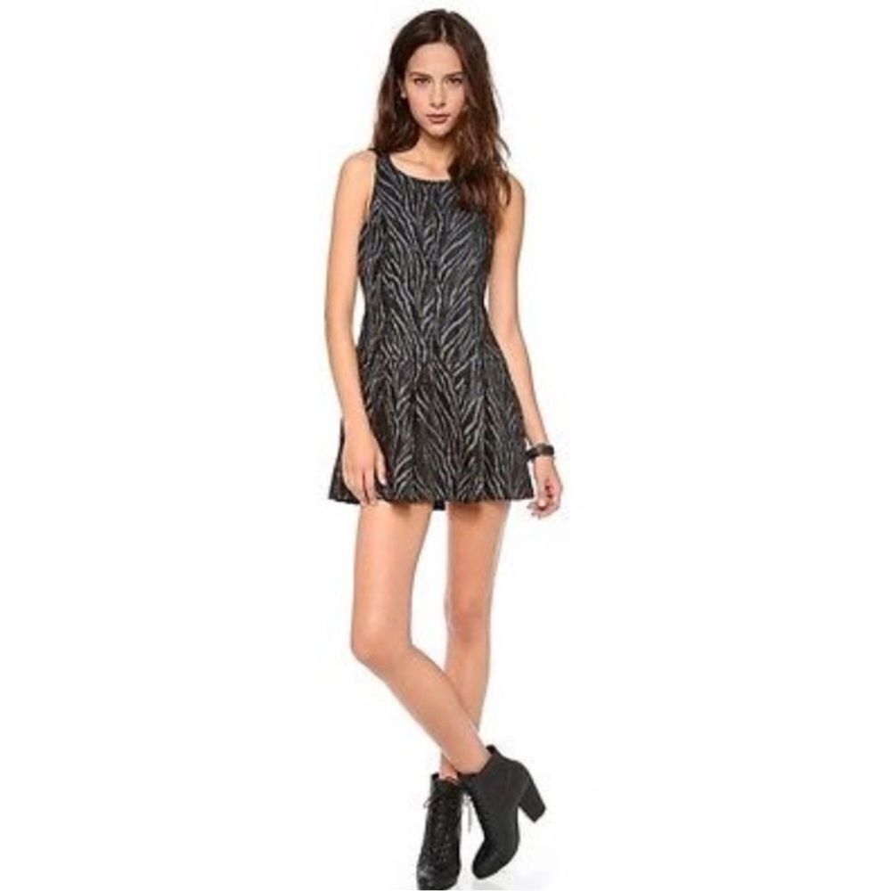 NWT Free People Black Gray Chenille Zebra Print Pockets Drop Waist Dress US 2